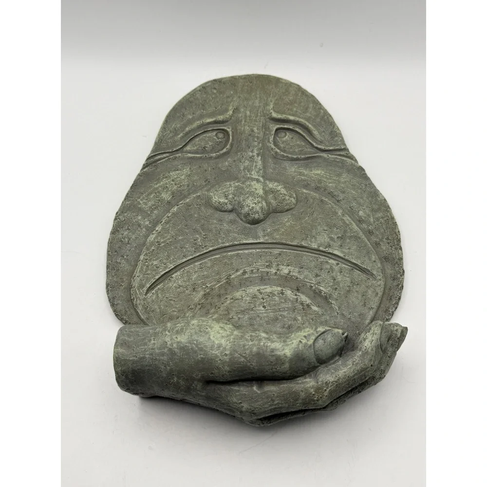 International Bazaar Sad Face Wall Plaque Stone Look Verdigris Resin Art